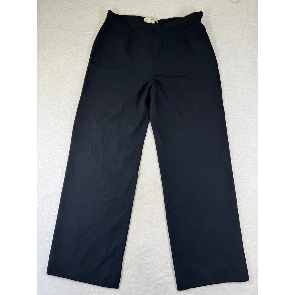 Max Mara Black Pure New Wool Wide Leg Trousers Side Zip Made in Italy Womens 10